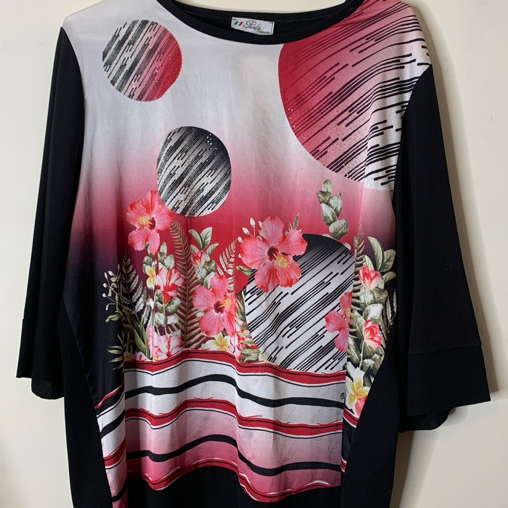 Perla Oversize Top Tunic Colorful Floral Italy 3/4 Sleeve Soft Polyester Size 2X